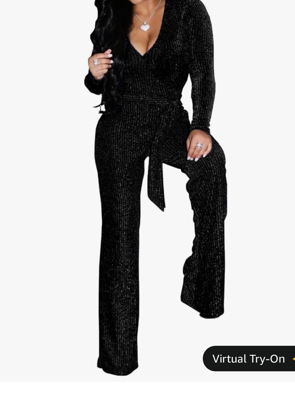 Black V-Neck Long Sleeve Knit Jumpsuit with Tie Waist